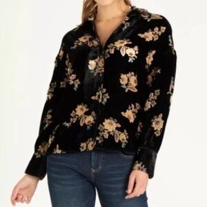 Another Love Womren's Velvet Floral Button Front Top Black Yellow Size Small
